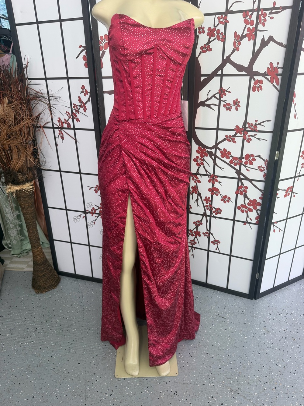 Strapless Red Polka-Dot Evening Gown with Front Slit